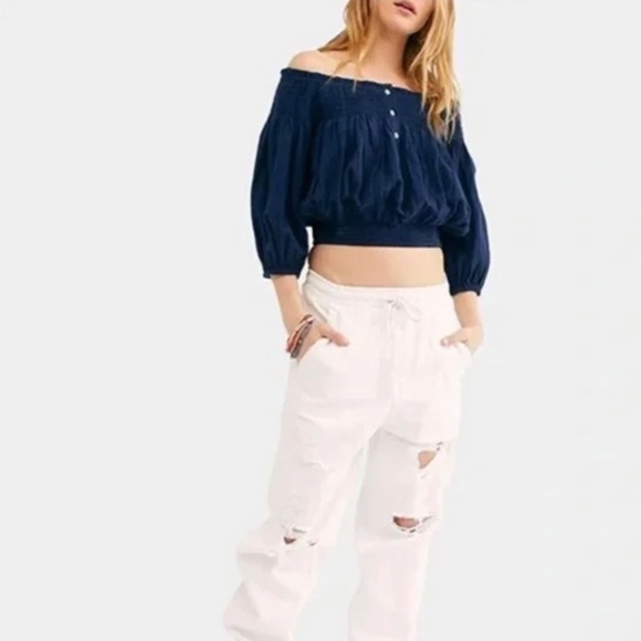 Like New [We The Free ✵ People] Navy Blue Off Shoulder Smocked Crop Top | Small - Picture 6 of 15